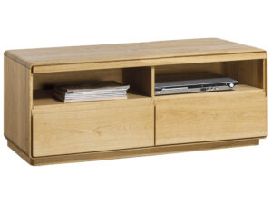 Miniaturka 1 - Niska szafka RTV dębowa z dwiema szufladami i otwartymi półkami