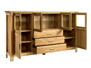 Miniaturka 1 - Dębowy barek salonowy z szufladami przeszklonymi drzwiami i półkami