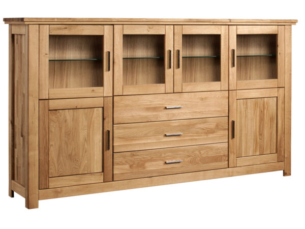 Dębowy barek salonowy z przeszklonymi witrynami i szufladami