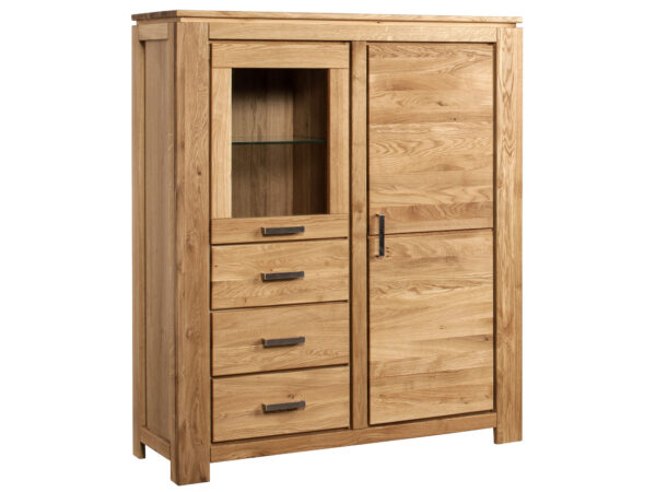 Dębowa szafka wysoka z witryną szufladami i drzwiami