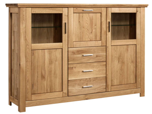 Drewniany barek dębowy z szufladami i przeszklonymi witrynami