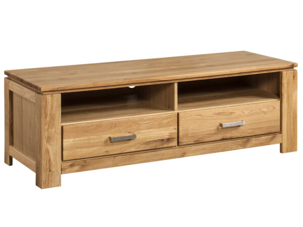 Drewniana szafka RTV dębowa z dwoma szufladami i półkami