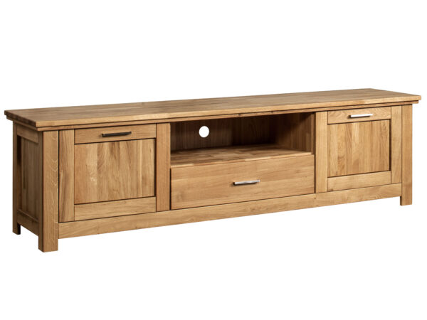 Niska szafka RTV dębowa z szufladą i dwoma drzwiczkami