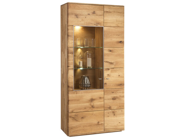 Wysoki słupek witrynowy dąb dziki z przeszklonymi drzwiami i oświetleniem LED