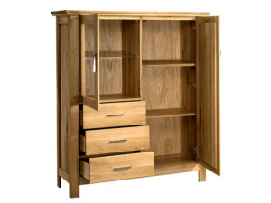 Miniaturka 1 - Dębowa witryna-kredens z trzema szufladami i szklaną półką