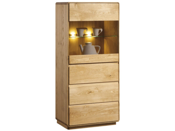 Witryna dębowa z barkiem oświetleniem LED i szufladami