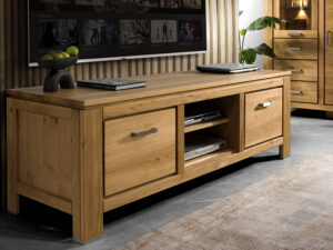 Miniaturka 7 - Niska szafka RTV z litego drewna dębowego z szufladami i półką