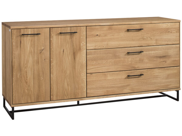 Dębowa komoda z dwoma drzwiami i trzema szufladami na metalowej ramie