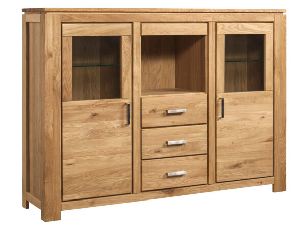 Drewniany kredens dębowy z przeszklonymi witrynami i szufladami