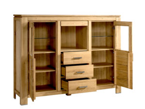 Miniaturka 1 - Drewniany kredens dębowy z trzema szufladami i szklanymi półkami