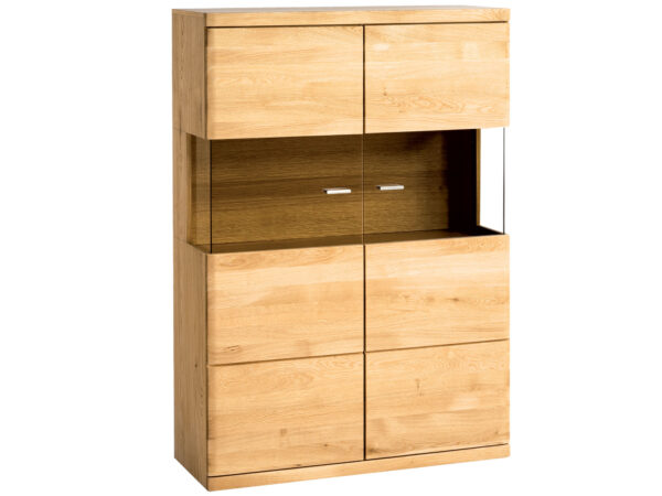 Kredens pokojowy dąb naturalny z przeszklonymi drzwiami i otwartą wnęką