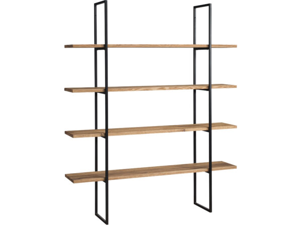 Industrialny regał z drewnianymi półkami na czarnym metalowym stelażu