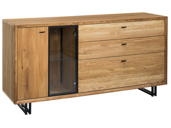 Dębowa komoda z witryną szklaną i trzema szufladami
