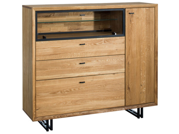 Wysoka komoda dębowa z szufladami i przeszklonym frontem