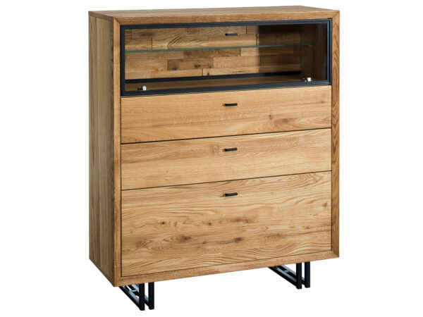 Dębowa komoda z witryną szklaną i metalowymi nogami