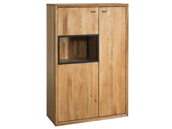 Wysoka komoda dębowa z przeszklonym wnęką i czarną ramką