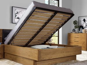 Miniaturka 1 - Łóżko drewniane dębowe do sypialni z podnoszonym stelażem i pojemnikiem na pościel