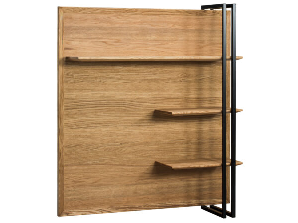 Panel ścienny dębowy z półkami i czarną metalową ramą