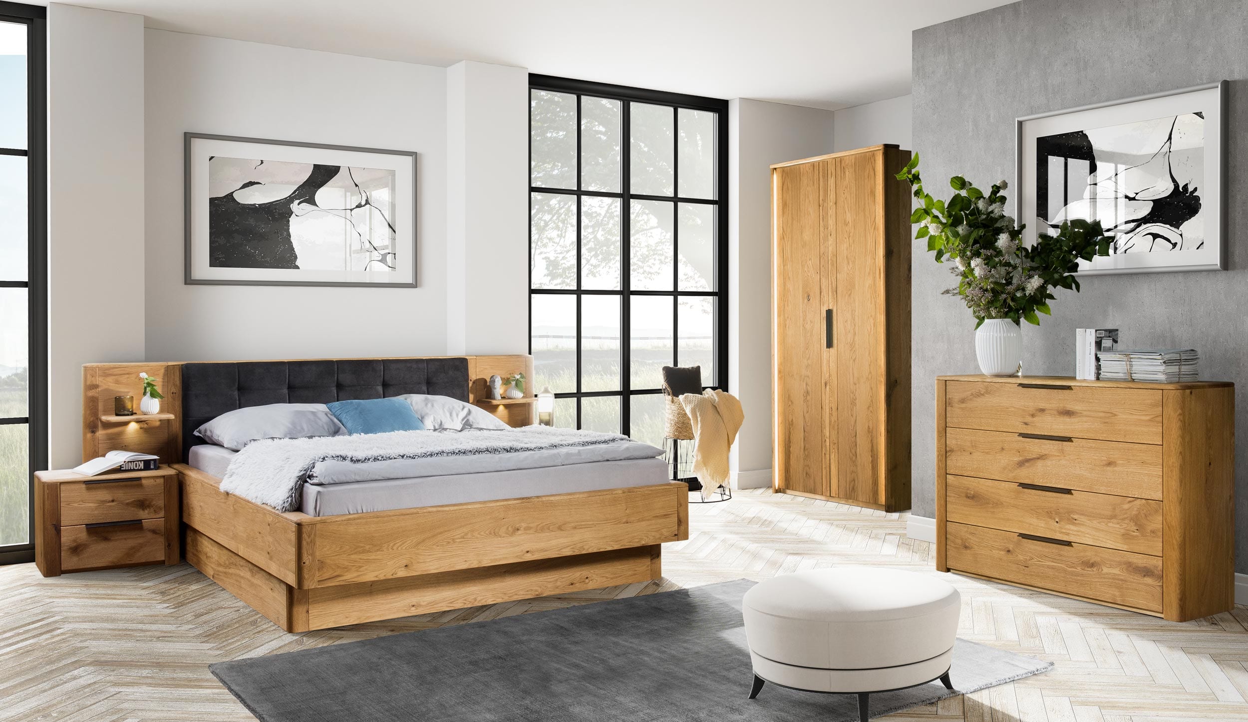 Sypialnia drewniana dębowa mała zz dwudrzwiową szafa