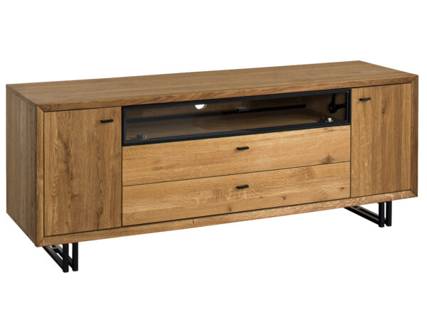 Niska szafka RTV dębowa z szufladami na metalowych nogach