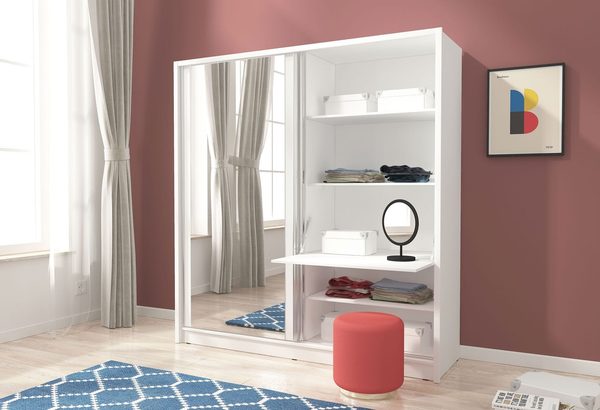 Szafa przesuwna dwudrzwiowa z lustrem biała biurko LUCA