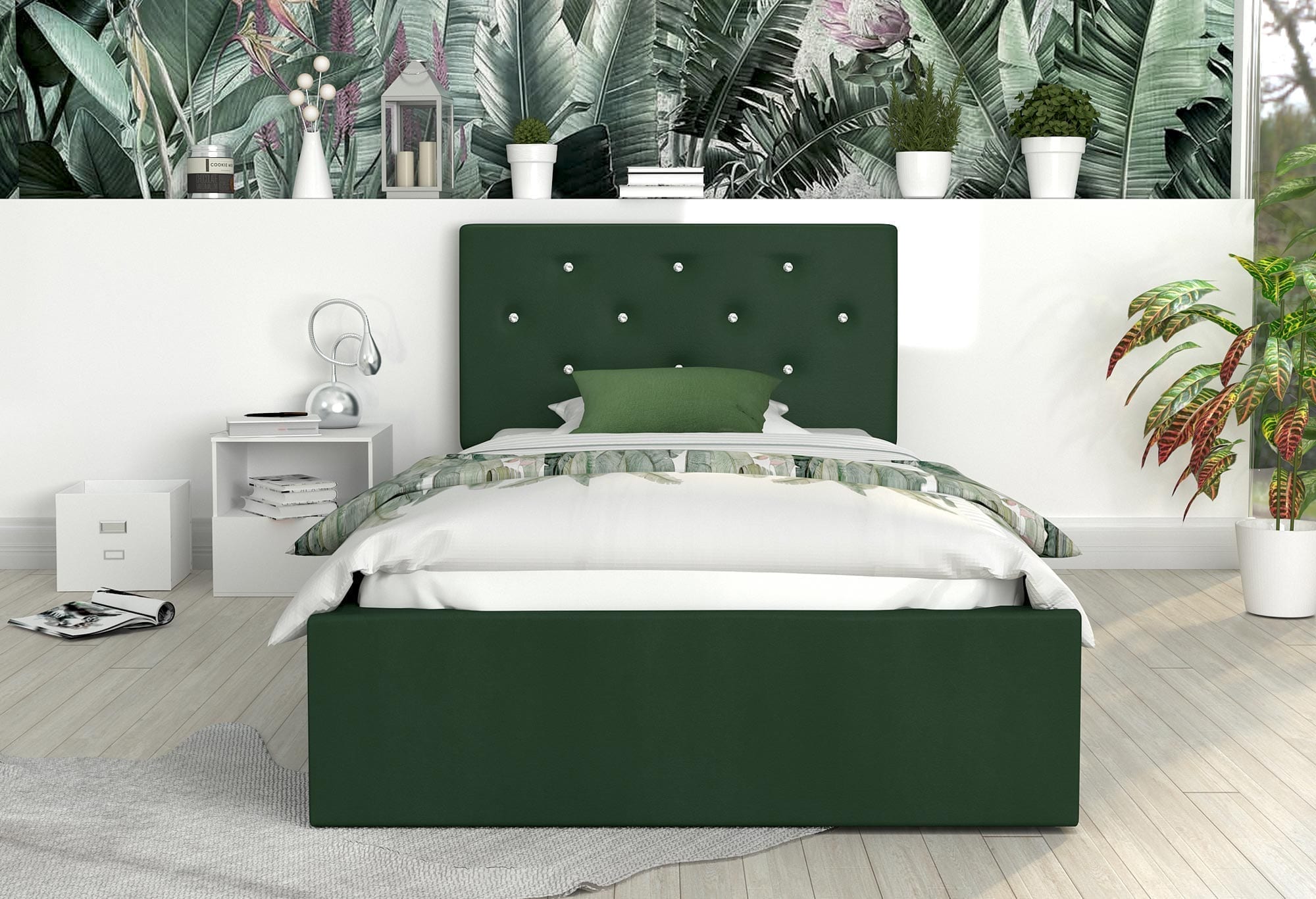 Łóżko tapicerowane butelkowa zieleń aranżacja 120x200 FRESCO