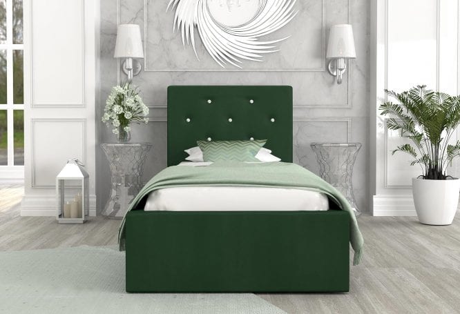 Łóżko tapicerowane butelkowa zieleń aranżacja 90x200 FRESCO