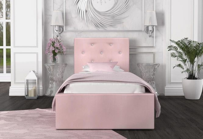 Łóżko tapicerowane pastelowy róż aranżacja 90x200 FRESCO