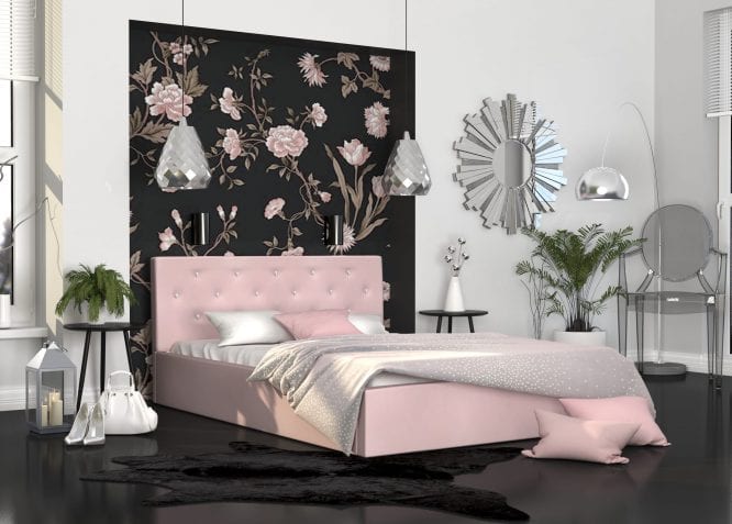 Łóżko dwuosobowe pastelowy róż aranżacja FRESCO