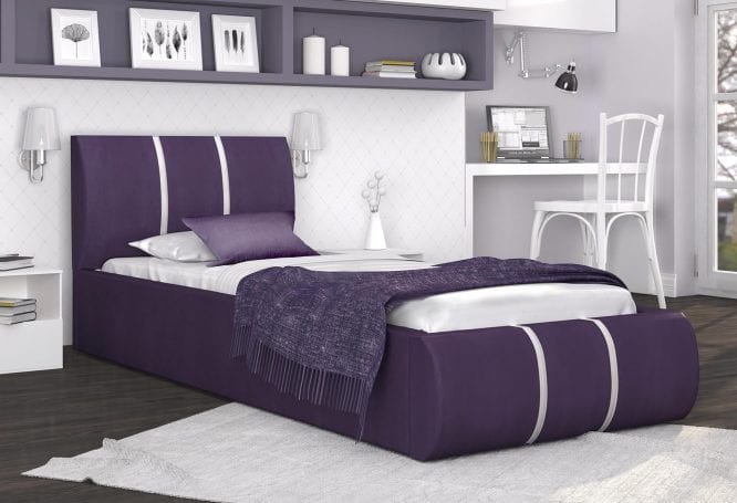 Łóżko tapicerowane fiolet-biel aranżacja widok z boku 90x200 EMILY