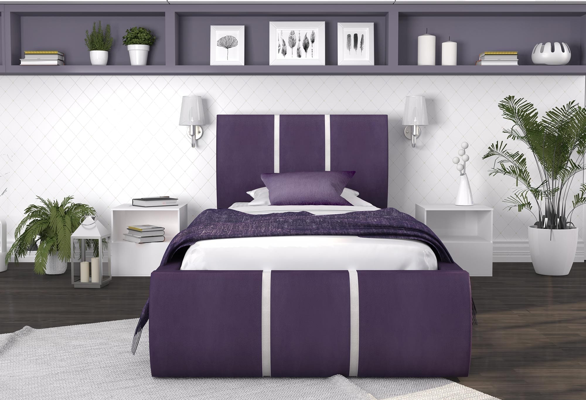Łóżko tapicerowane fiolet-biel aranżacja 90x200 EMILY