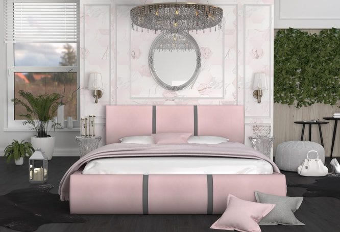 Łóżko do sypialni pudrowy róż-szary aranżacja front EMILY