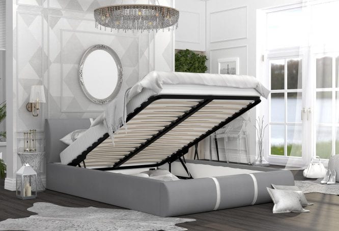 Łóżko do sypialni szaro-białe podnoszony stelaż EMILY