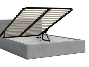 Miniaturka 1 - Szare łóżko tapicerowane z wzorem romby i otwartym pojemnikiem