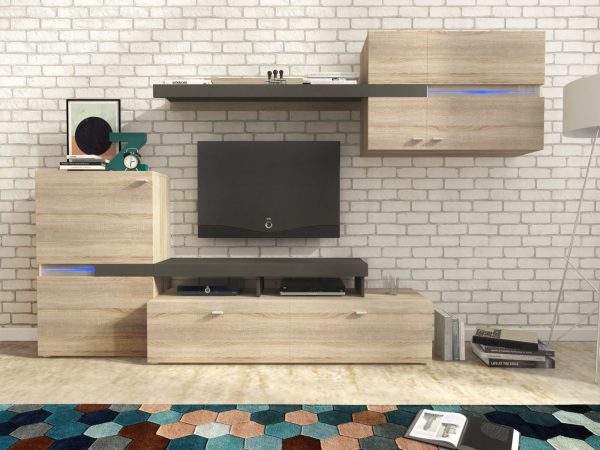 Funkcjonalna meblościanka drewniana szare blaty aranżacja MORITZ Funkcjonalna meblościanka drewniana szare blaty aranżacja MORITZ