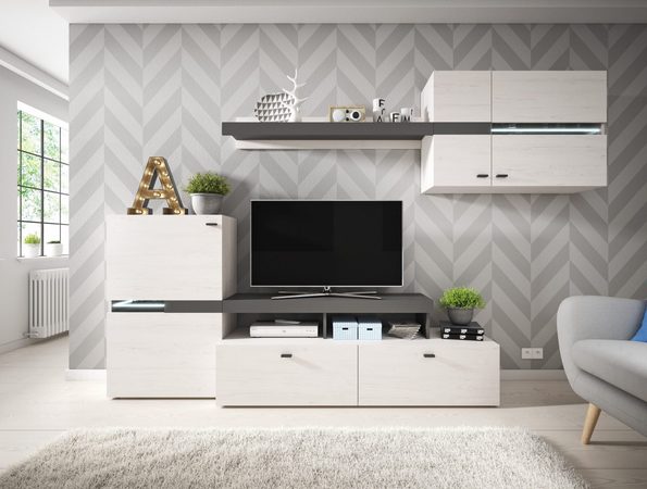 Funkcjonalna meblościanka biała szare blaty aranżacja MORITZ Funkcjonalna meblościanka biała szare blaty aranżacja MORITZ