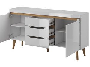 Miniaturka 3 - Szeroka komoda biała nóżki drewniane szuflady szafki otwarte BASTIEN