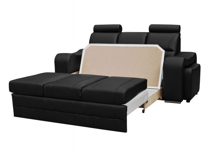 Sofa z pufami czarna ekoskóra rozłożona pojemnik ELENA