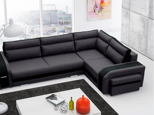 Miniaturka 7 - Narożnik ze Schowkiem i Pufą czarny wstawki szare aranżacja AVA