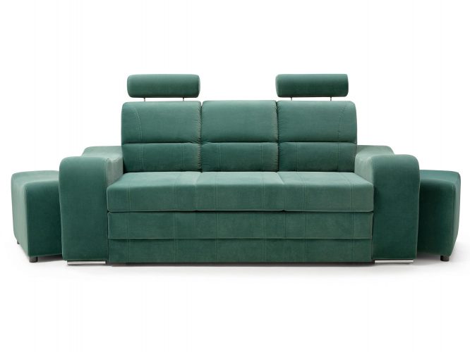 Sofa z pufami zielona welur białe tło ELENA