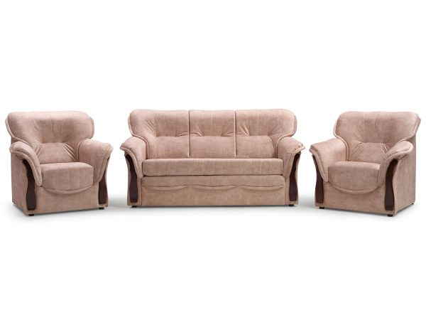 Zestaw wypoczynkowy w beżu – sofa i fotele w klasycznym stylu