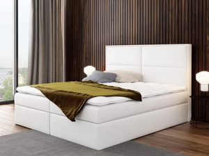 Miniaturka 10 - Białe łóżko kontynentalne ekoskóra z panelowym zagłówkiem w sypialni