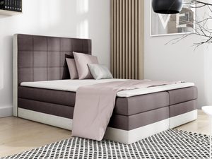 Miniaturka 7 - Brązowo-białe łóżko kontynentalne z prostym zagłówkiem w sypialni