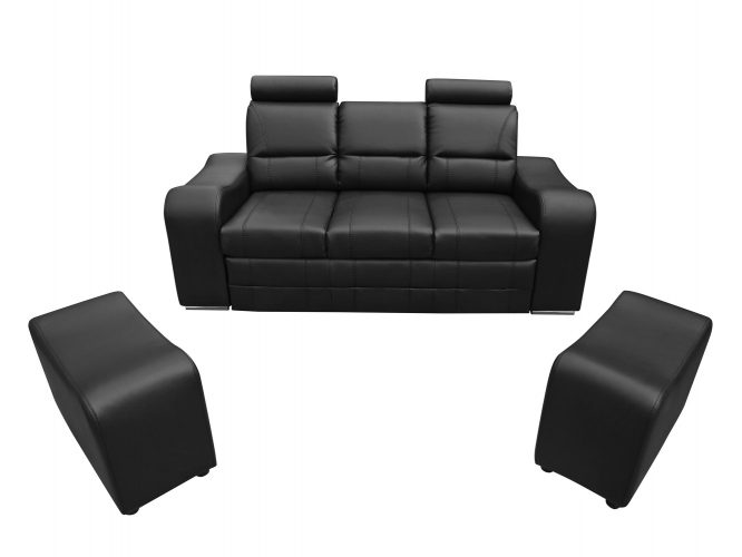 Sofa z pufami w komplecie czarna ekoskóra białe tło ELENA