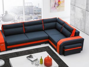 Miniaturka 5 - Narożnik ze Schowkiem i Pufą czarno-pomarańczowy aranżacja AVA