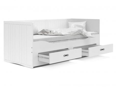 Łóżko rozkładane białe szuflady otwarte PEGASUS