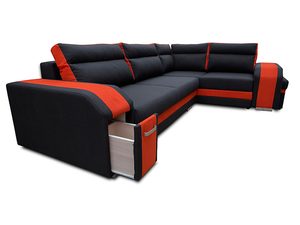 Miniaturka 2 - Narożnik ze Schowkiem i Pufą czarny wstawki pomarańczowe AVA