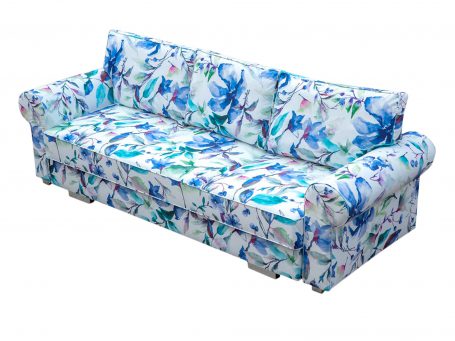 Sofa w kwiaty rozkładana poduszki białe tło PLATO