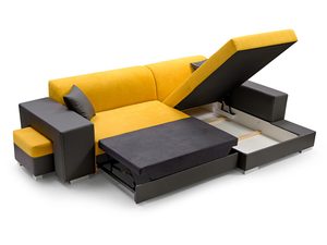 Miniaturka 4 - Nowoczesny Narożnik z Pufą żółty-grafit rozłożony pojemnik JUSTINE