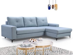 Miniaturka 2 - Błękitny narożnik tapicerowany z pikowanymi poduszkami w aranżacji